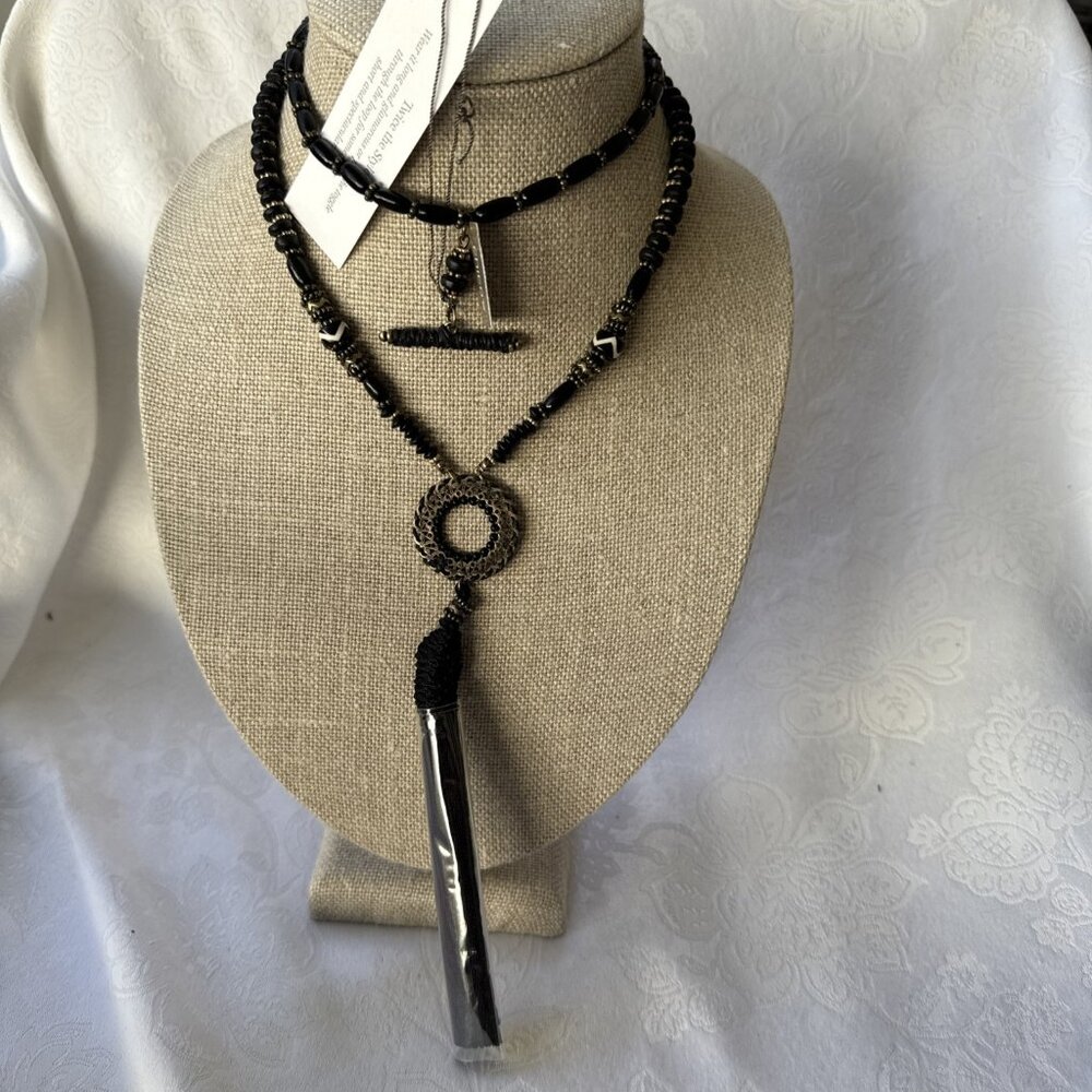 Chicos Black Tassel Brown Gold Beads Layering 25" Long Statement Necklace NEW